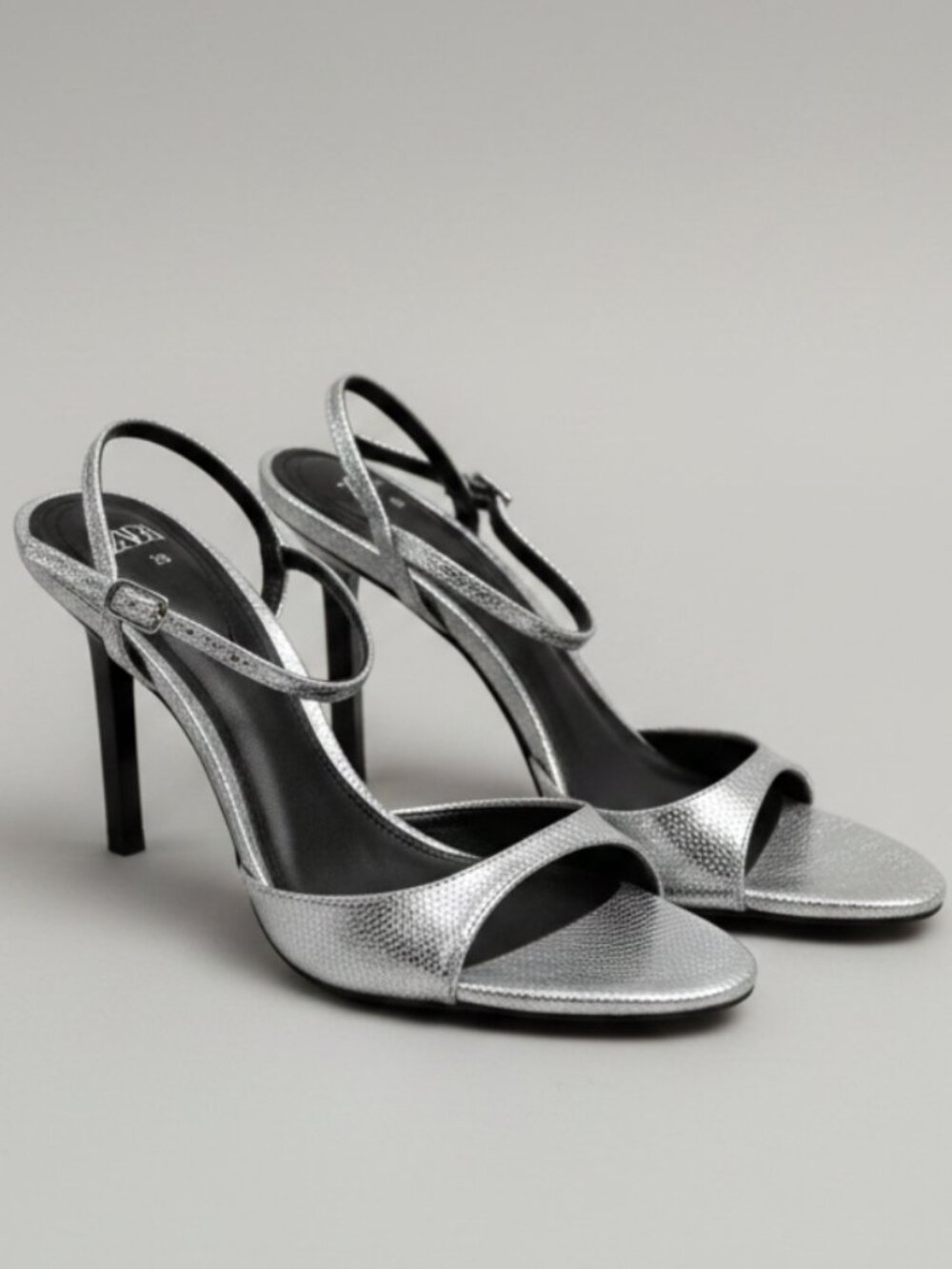 Zara Metallic Snake-Effect Ankle-Strap Sandals Size 38/Women's High Heel Sandals